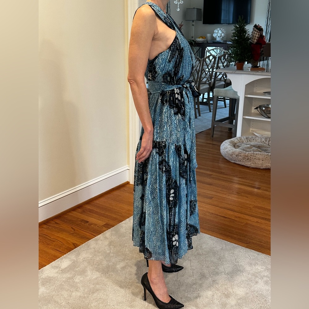 Ulla Johnson Silk Cocktail Dress Blue & Metallic Sleeveless V-Neck Conc Zip Sz 4 - Picture 6 of 12